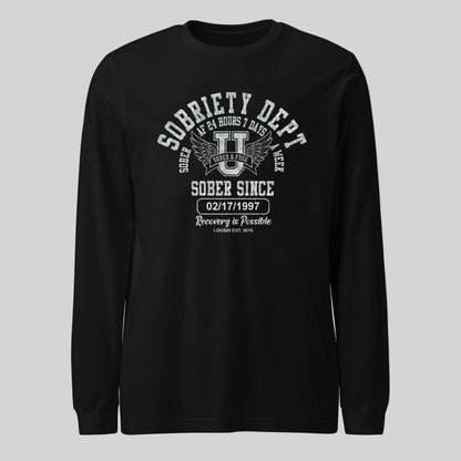 Sobriety Dept 24 7 Long Sleeve Sober T Shirt flat lay styled image (view 3)
