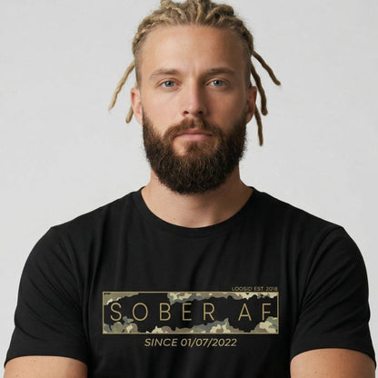 Sober AF Camo Sober T Shirt close-up view (view 2)