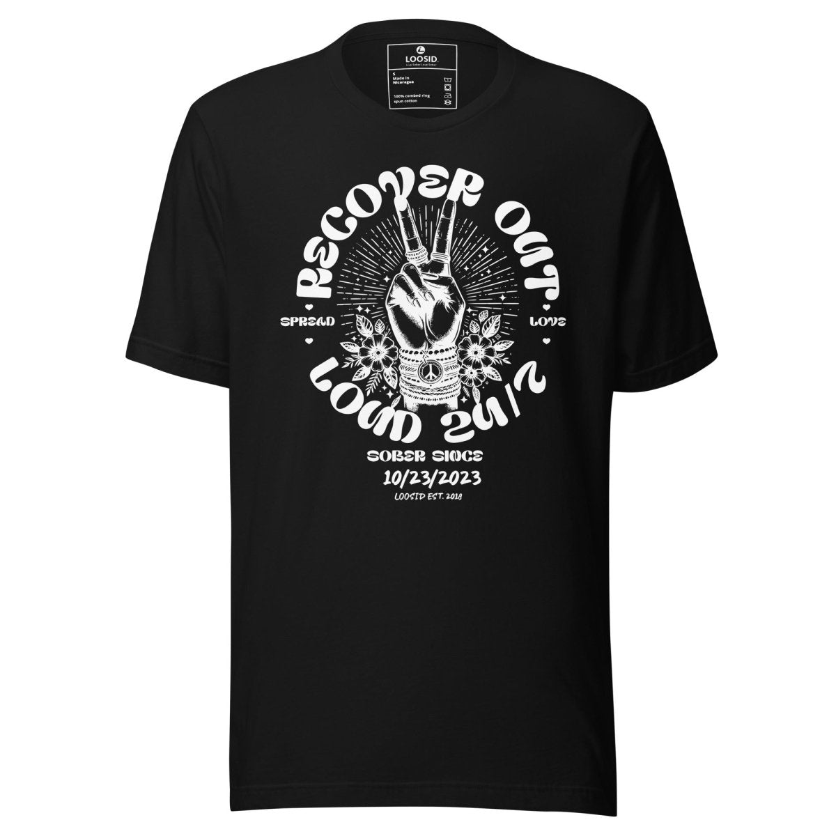 Recover Out Loud Sober T Shirt flat lay styled image (view 3)