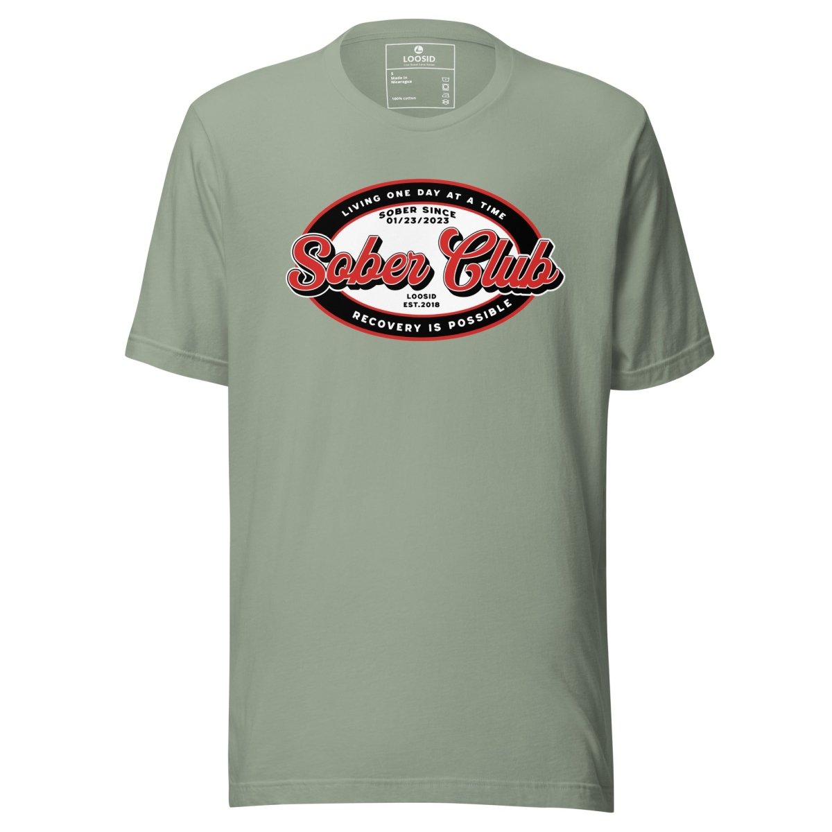 Sober Club Badge Sober T Shirt flat lay styled image (view 23)
