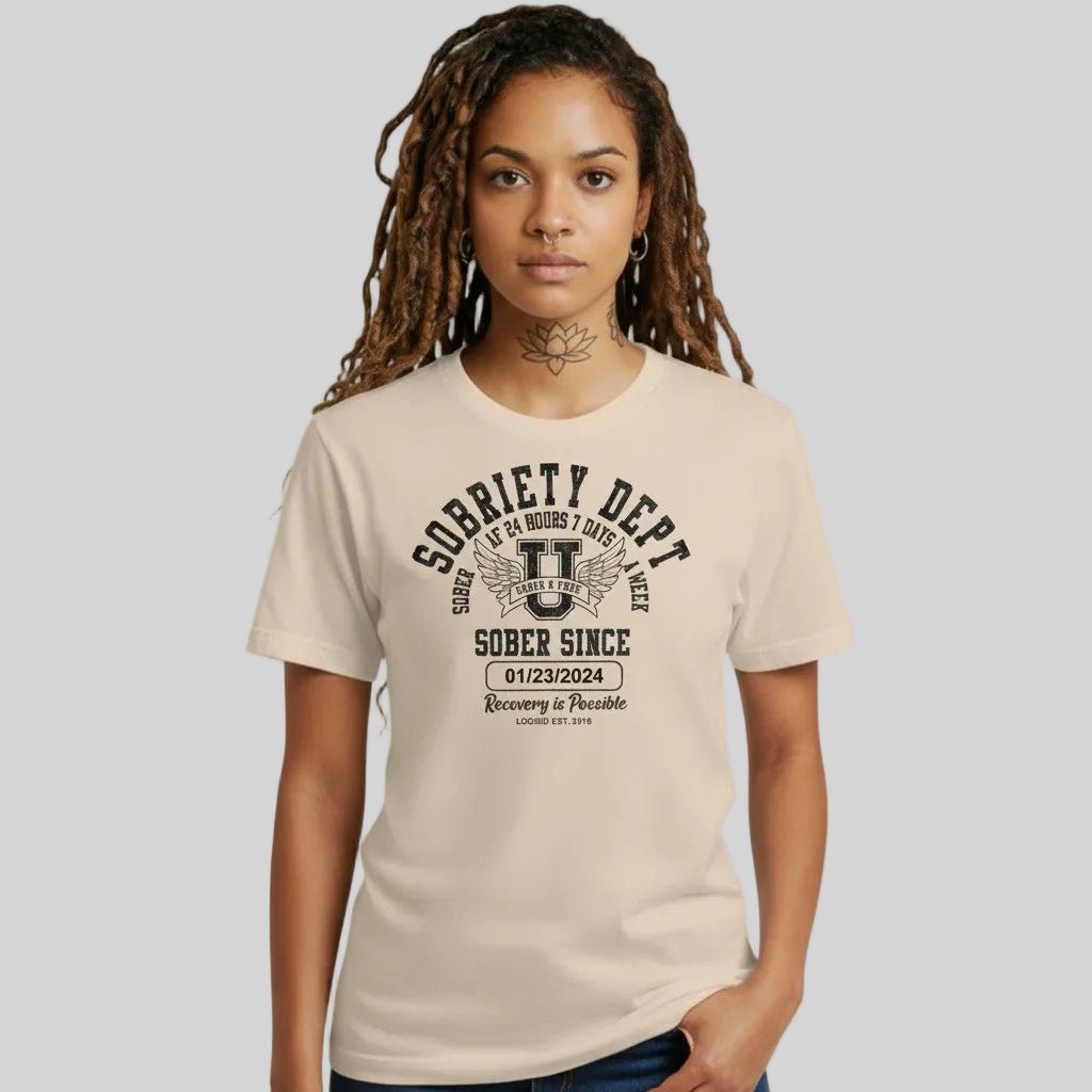 Sobriety Dept Sober T Shirt flat lay styled image (view 3)