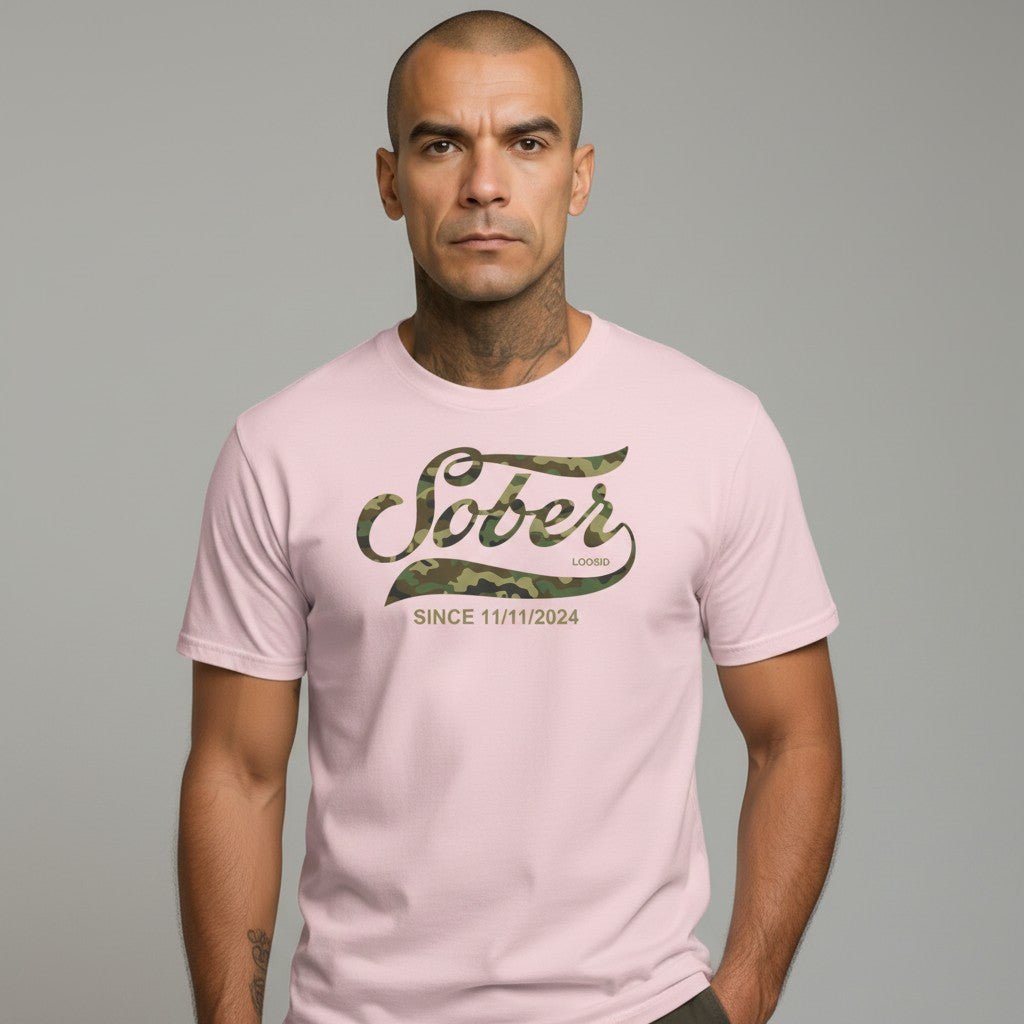 Sober Since Camo Sober T Shirt fit detail (view 19)