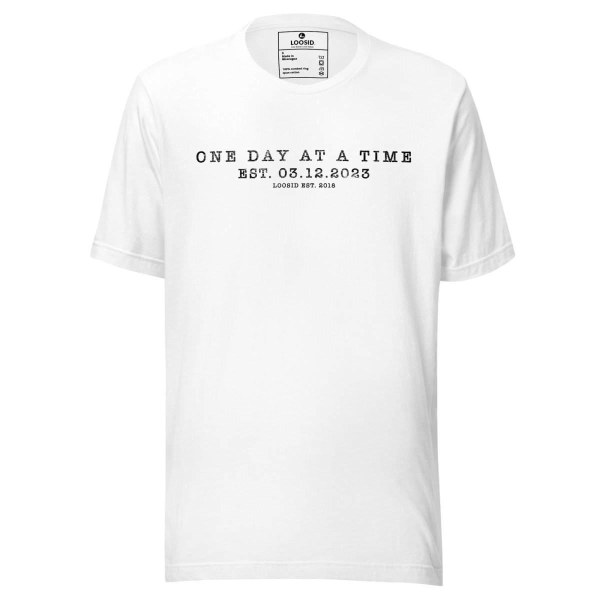 One Day At a Time Sober T Shirt flat lay styled image (view 3)