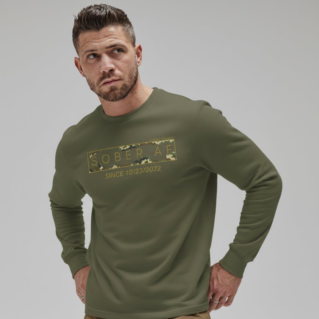 Sober AF Camo Crewneck Sweatshirt w/ Personalized Sobriety Date