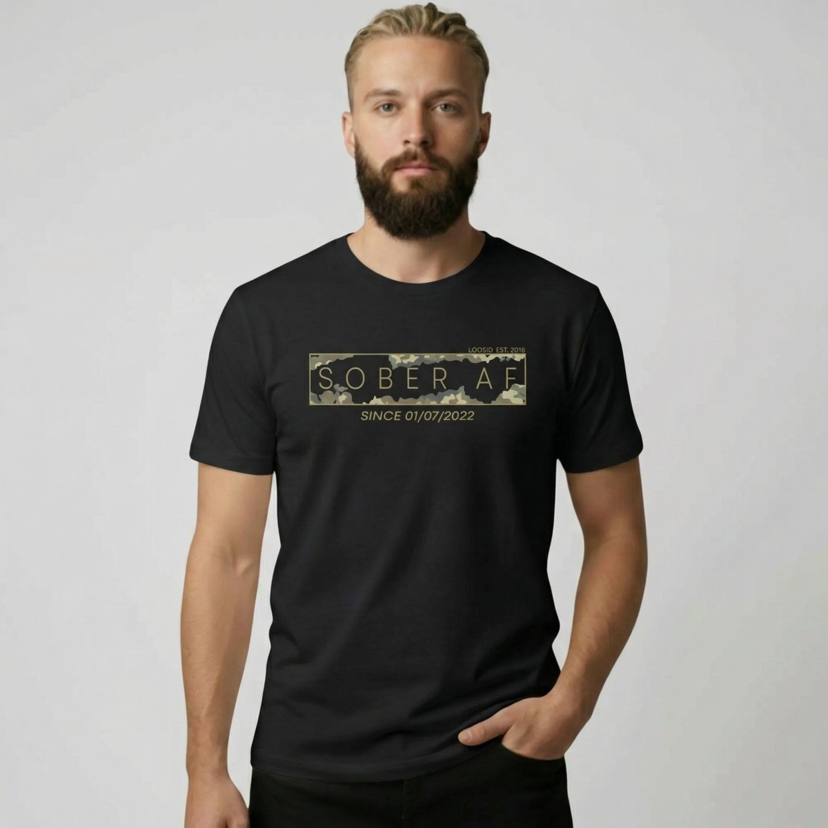 Sober T Shirt | Men’s Sober AF Camo Tee with Personalized Date