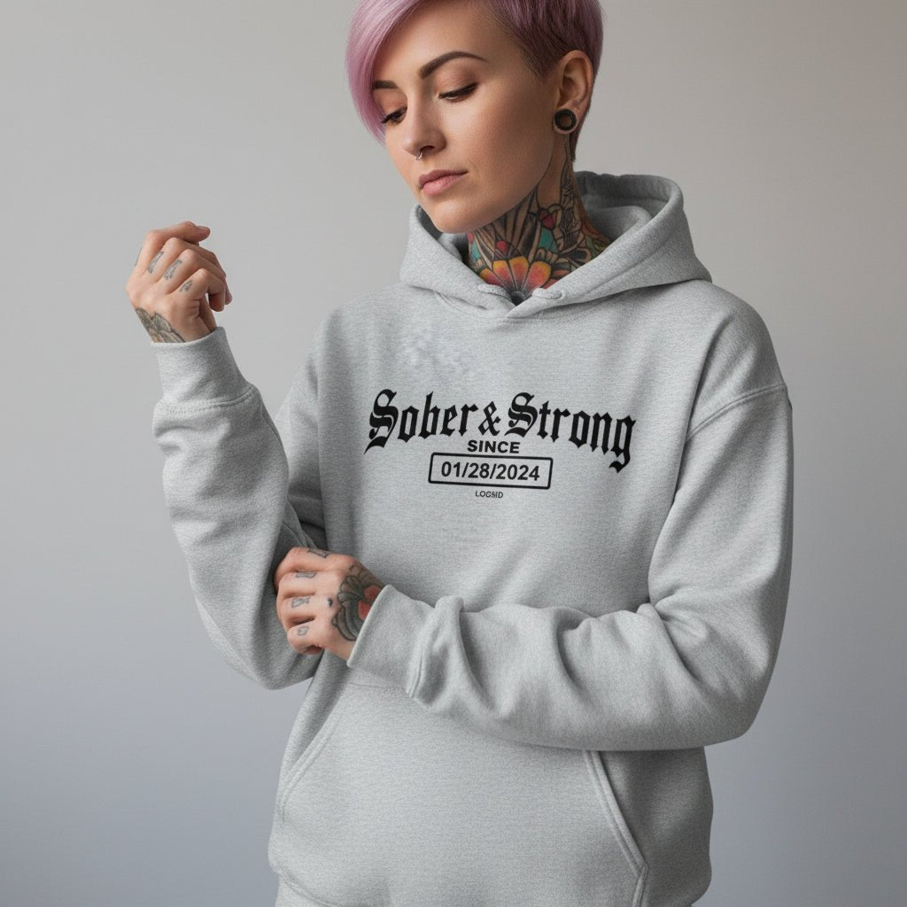 Recovery Hoodie | Women’s Old School Sober & Strong Hoodie with Custom Date