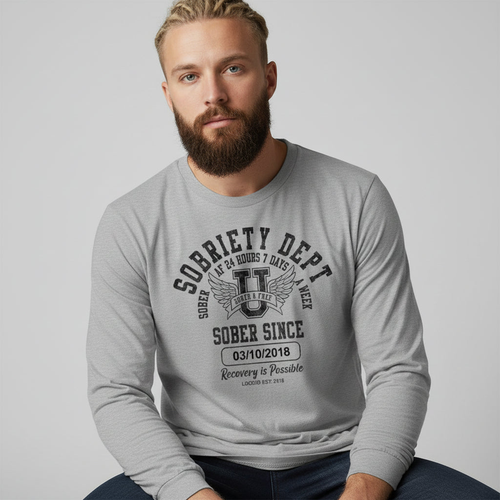 Men's Sobriety Dept Sober AF 24/7 Long Sleeve T-shirt with Custom Sobriety Date