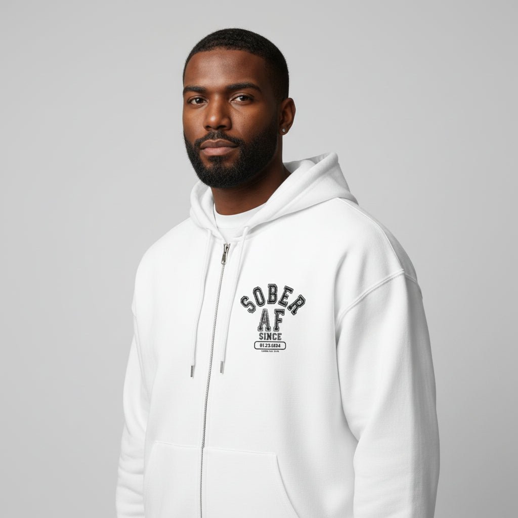 Recovery Hoodie | Sober AF Since Zip Hoodie Front and Back Print with Custom Sobriety Date