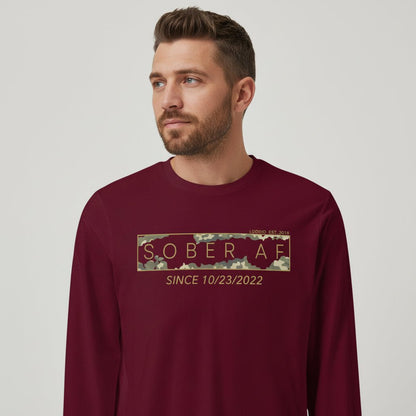 Men's Sober AF Camo Long Sleeve T-shirt with Custom Sobriety Date