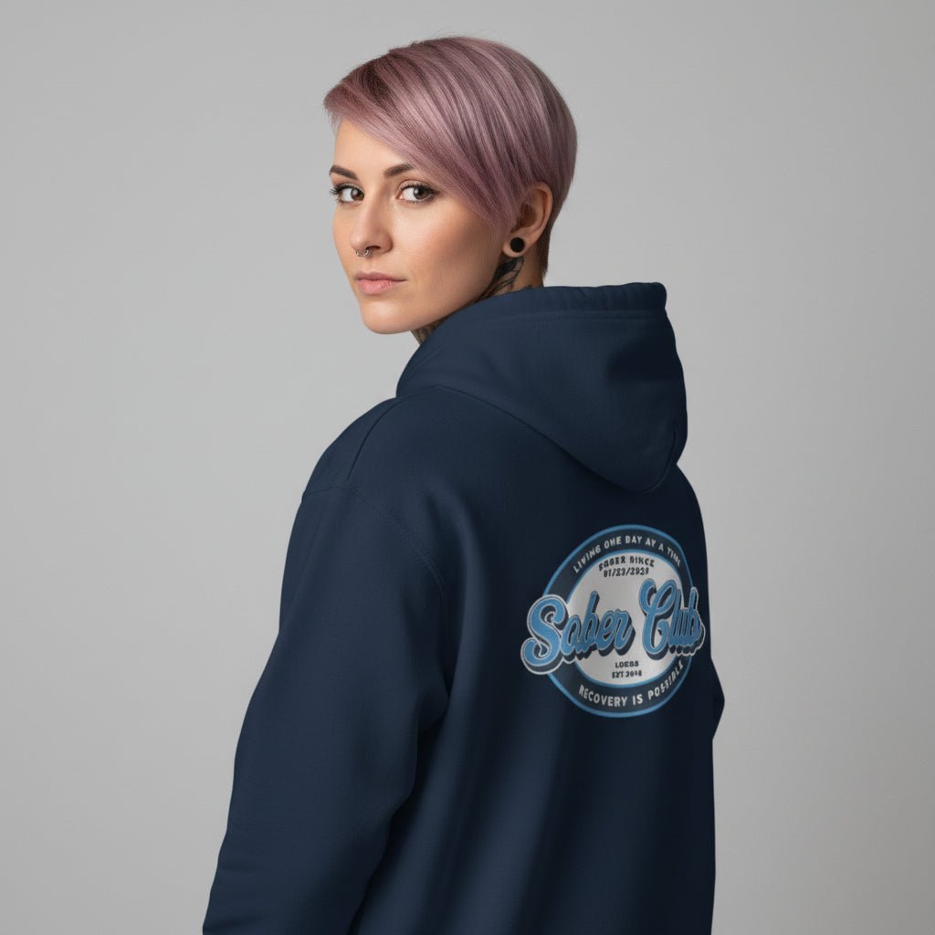 Sober Club Badge Left Chest Print Unisex Zip Hoodie with Custom Sobriety Date