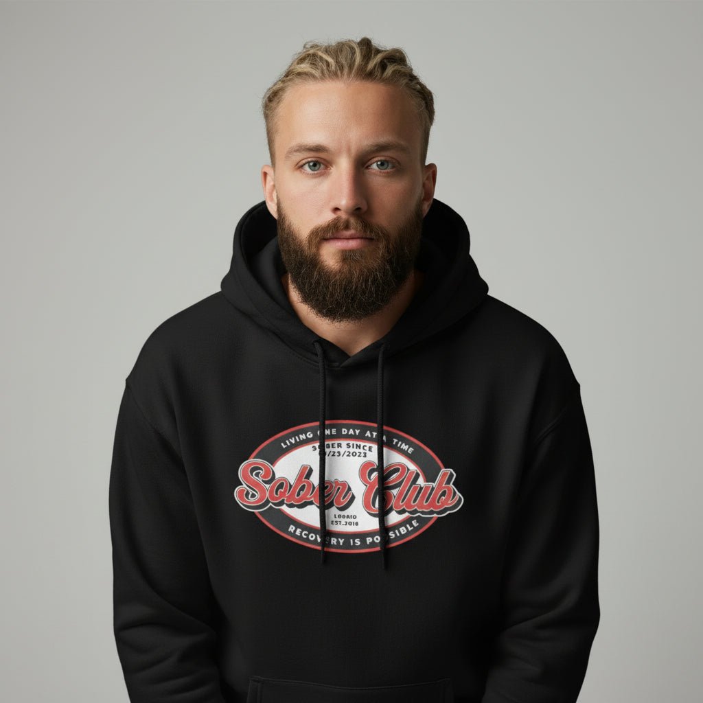 Sober Club Badge Unisex Hoodie with Custom Sobriety Date