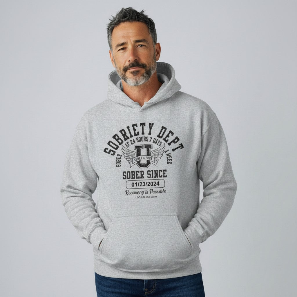 Recovery Hoodie | Sobriety Dept Sober AF 24/7 Unisex Hoodie with Custom Sobriety Date