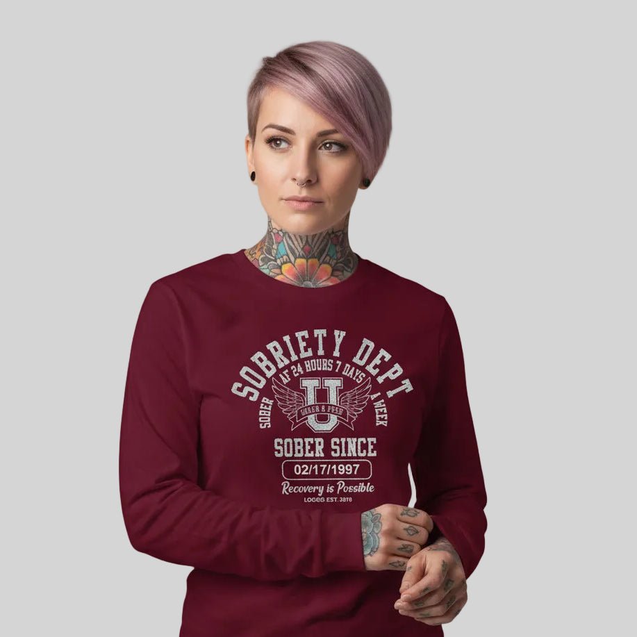 Sobriety Dept 24 7 Long Sleeve Sober T Shirt flat lay styled image (view 13)