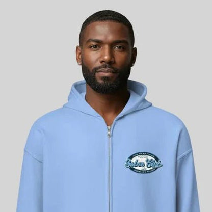 Sober Club Badge Left Chest Print Unisex Zip Hoodie with Custom Sobriety Date