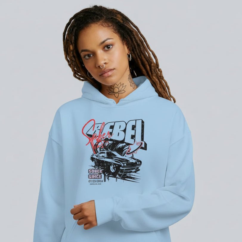 Sober Rebel Custom Sobriety Date Recovery Hoodie flat lay styled image (view 23)