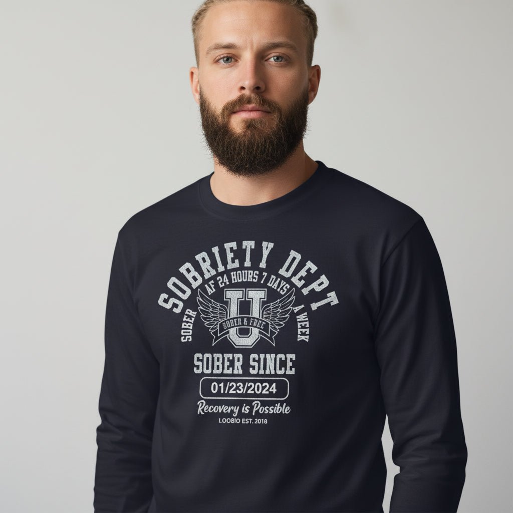 Men's Sobriety Dept Sober AF 24/7 Long Sleeve T-shirt with Custom Sobriety Date