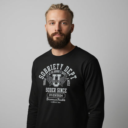Men's Sobriety Dept Sober AF 24/7 Long Sleeve T-shirt with Custom Sobriety Date
