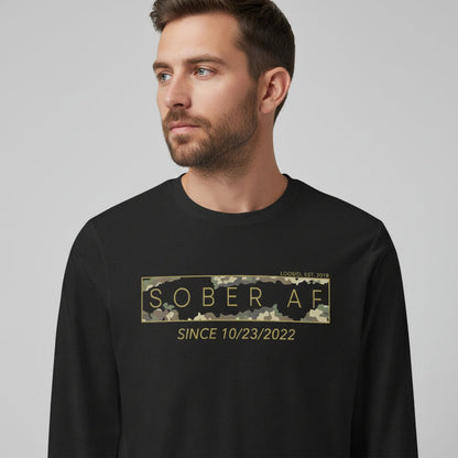 Men's Sober AF Camo Long Sleeve T-shirt with Custom Sobriety Date