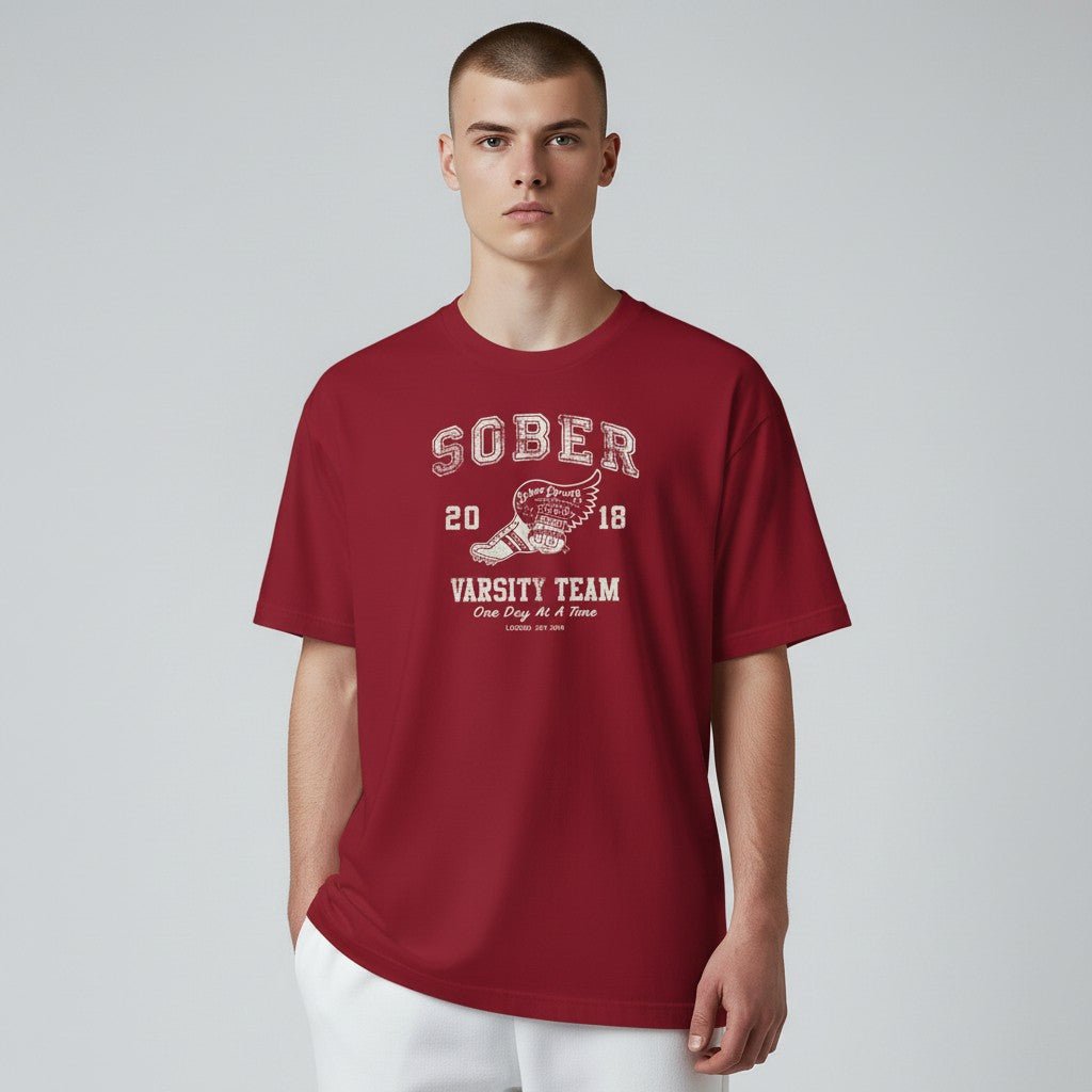 Lifestyle photo of the Sober Varsity Sober T Shirt, a sober-friendly gift