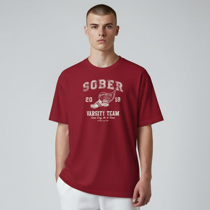 Lifestyle photo of the Sober Varsity Sober T Shirt, a sober-friendly gift