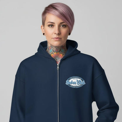 Sober Club Badge Left Chest Print Unisex Zip Hoodie with Custom Sobriety Date