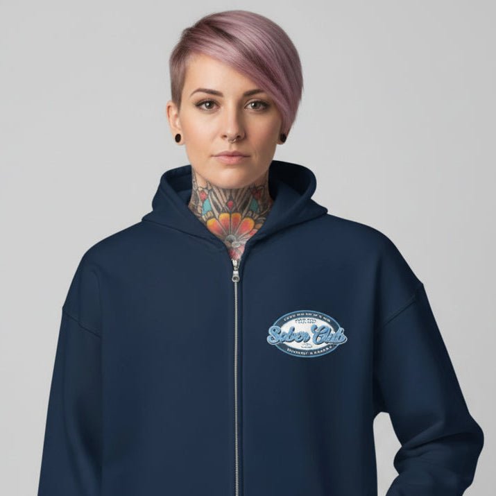 Sober Club Badge Left Chest Print Unisex Zip Hoodie with Custom Sobriety Date