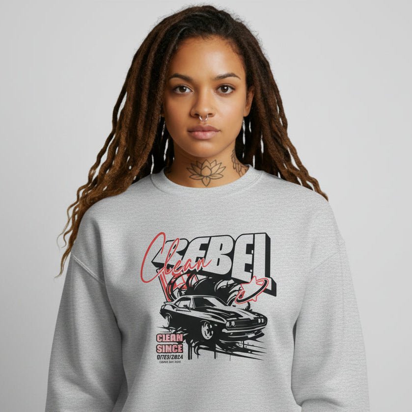 Loosid gray personalized Recovery crewneck with Clean Rebel vintage muscle car sober apparel design — Loosid