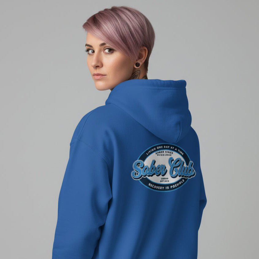 Sober Club Badge Left Chest Print Unisex Zip Hoodie with Custom Sobriety Date