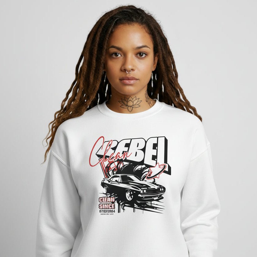 Loosid white personalized Recovery crewneck with Clean Rebel muscle car sober merchandise design — Loosid