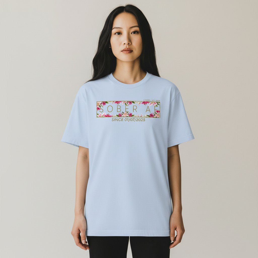 Sober T Shirt | Women’s Sober AF Tee with Custom Sobriety Date in Pastel Colors