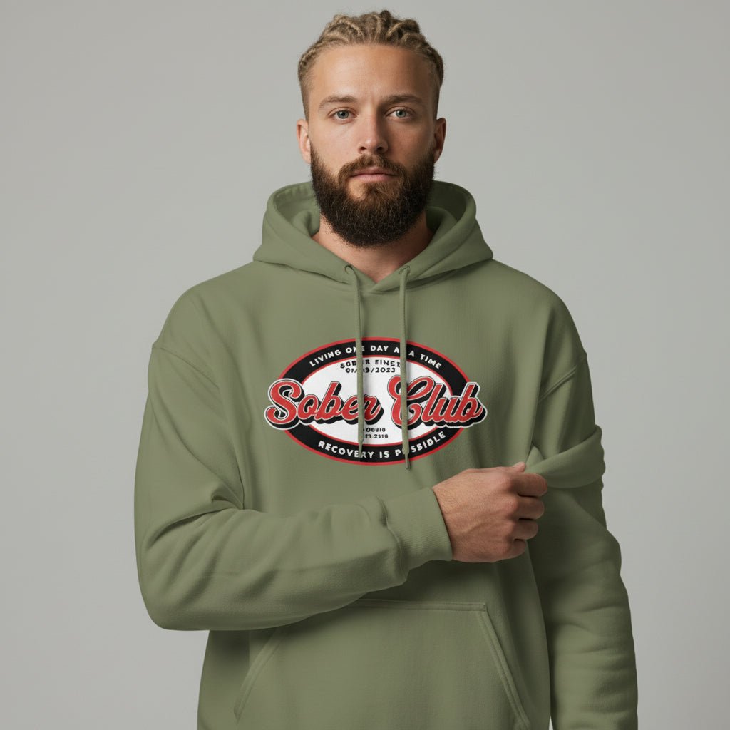 Sober Club Badge Unisex Hoodie with Custom Sobriety Date