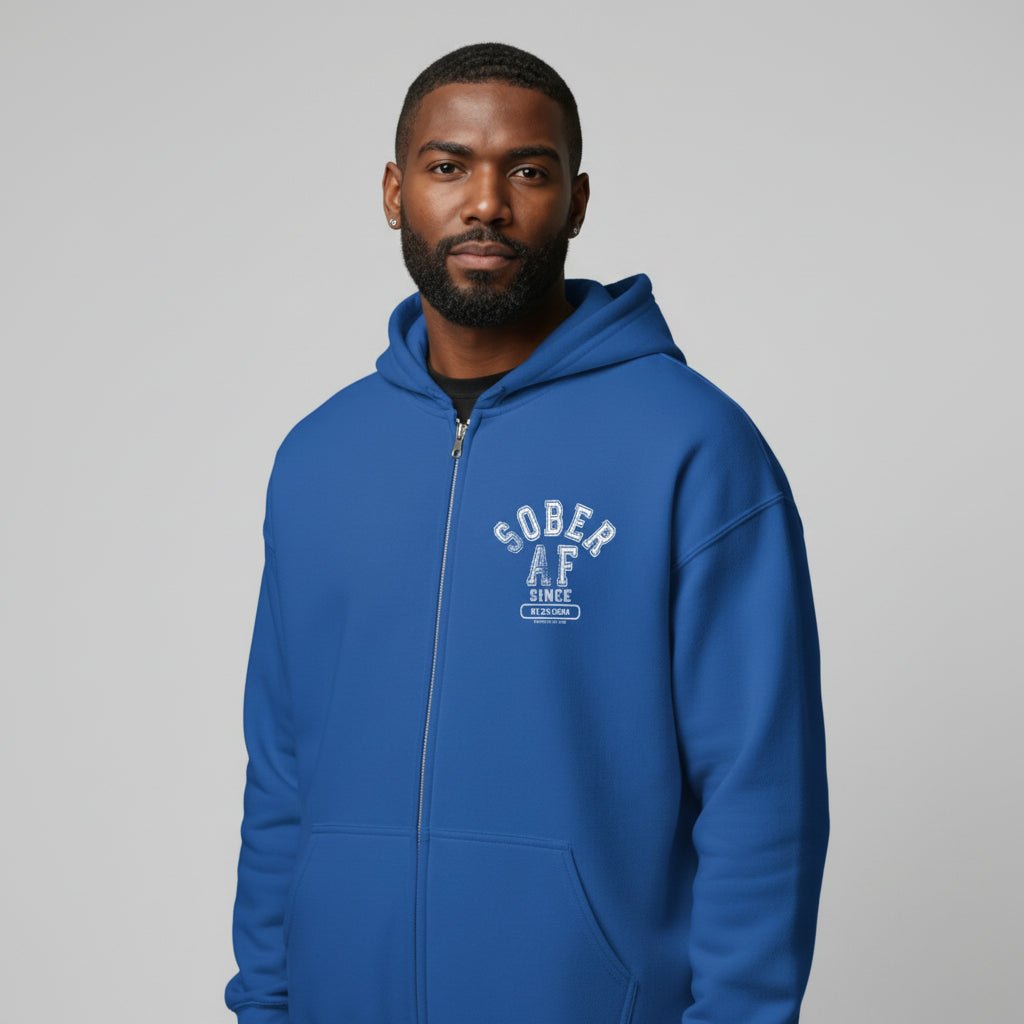 Recovery Hoodie | Sober AF Since Zip Hoodie Front and Back Print with Custom Sobriety Date