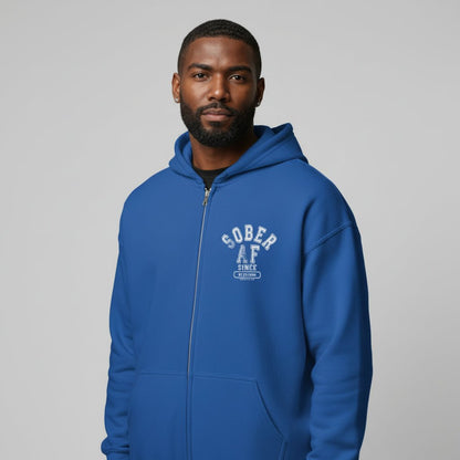 Recovery Hoodie | Sober AF Since Zip Hoodie Front and Back Print with Custom Sobriety Date