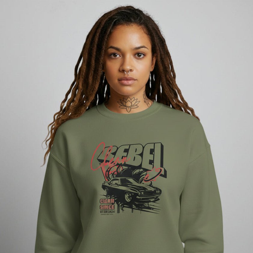 Loosid olive green sober clothing crewneck with Clean Rebel muscle car graphic and personalized Clean date — Loosid