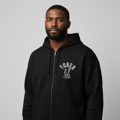 Recovery Hoodie | Sober AF Since Zip Hoodie Front and Back Print with Custom Sobriety Date