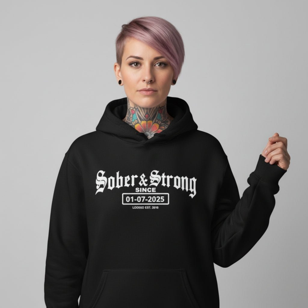 Recovery Hoodie | Women’s Old School Sober & Strong Hoodie with Custom Date