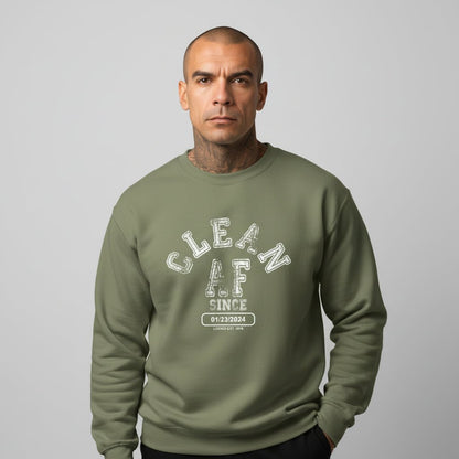 Flat lay of Loosid army green Clean AF Since sober apparel crewneck showing custom Recovery date location — Loosid