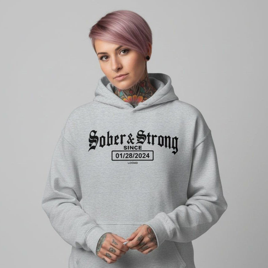 Recovery Hoodie | Women’s Old School Sober & Strong Hoodie with Custom Date