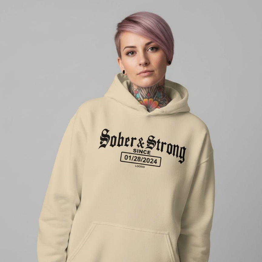 Recovery Hoodie | Women’s Old School Sober & Strong Hoodie with Custom Date