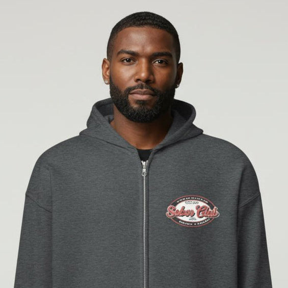 Sober Club Badge Unisex Zip Hoodie Front and Back Print Hoodie with Custom Sobriety Date (Front & Back)