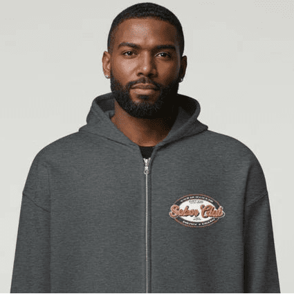 Sober Club Badge Left Chest Print Unisex Zip Hoodie with Custom Sobriety Date