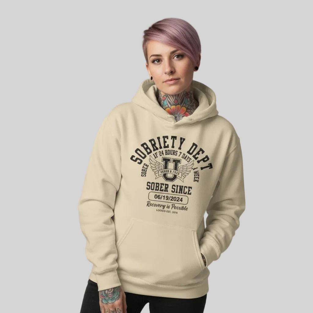 Recovery Hoodie | Sobriety Dept Sober AF 24/7 with Custom Sobriety Date