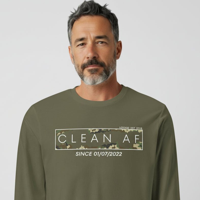 Clean AF Camo Long Sleeve Sober T Shirt back view (view 17)