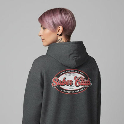 Sober Club Badge Left Chest Print Unisex Zip Hoodie with Custom Sobriety Date