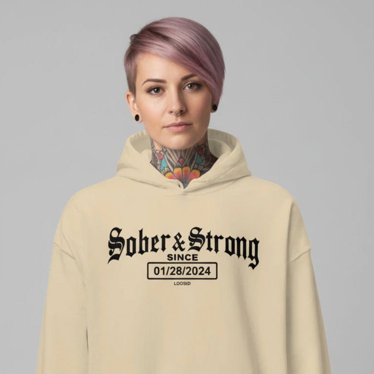 Recovery Hoodie | Women’s Old School Sober & Strong Hoodie with Custom Date