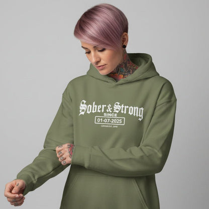 Recovery Hoodie | Women’s Old School Sober & Strong Hoodie with Custom Date