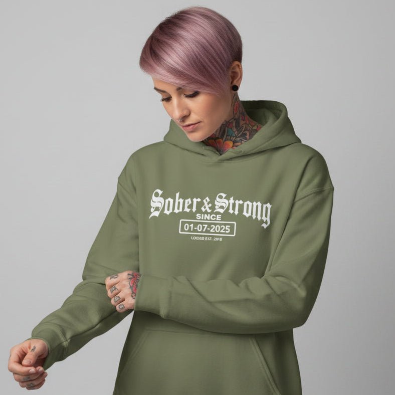 Recovery Hoodie | Women’s Old School Sober & Strong Hoodie with Custom Date