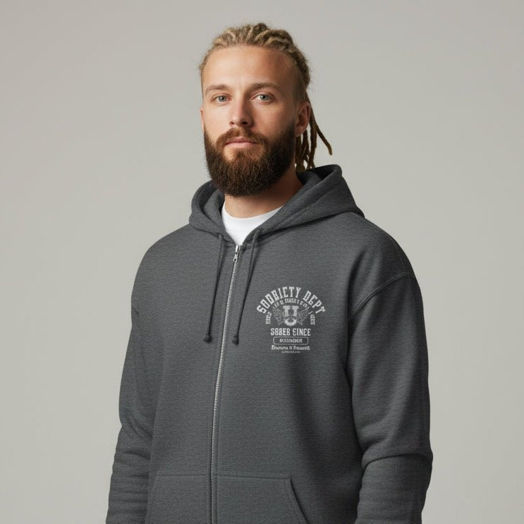 Sobriety Dept Zip Recovery Hoodie back view (view 17)