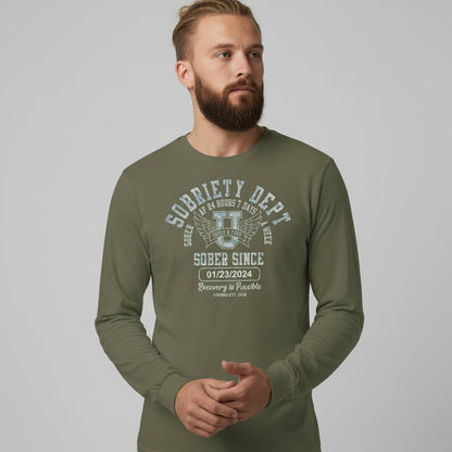 Men's Sobriety Dept Sober AF 24/7 Long Sleeve T-shirt with Custom Sobriety Date