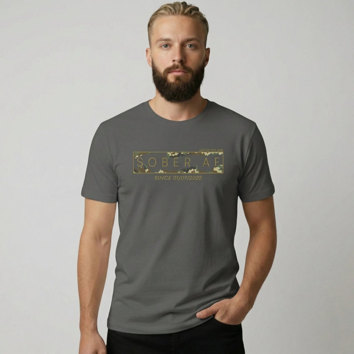 Sober T Shirt | Men’s Sober AF Camo Tee with Personalized Date